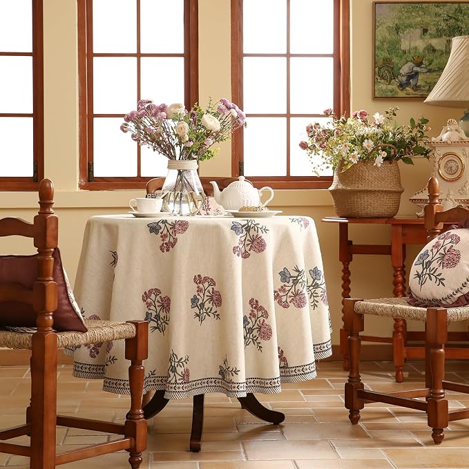 ISAENNE Designer French Linen Round Tablecloth,Diameter 55"-Helena E | Vintage Elegant Beautiful Table Cloth for Round Table,Floral Pattern,Heavyweight,Dining Room,Kitchen,Thanksgiving,Decor