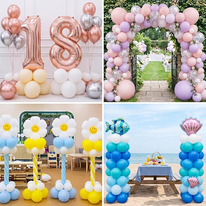 Hicarer 8 Sets Balloon Column Stand, 7ft Adjustable Metal Telescopic Pillar Set, Balloon Arch Stand for Birthday Wedding Baby Shower Party Decorations