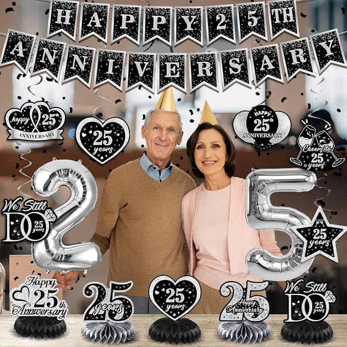 25th Wedding Anniversary Decorations Black Silver Happy 25th Anniversary Banner Backdrop Honeycomb Centerpiece Hanging Swirls Pom Poms for 25 Years Silver Wedding Party Decorations Supplies