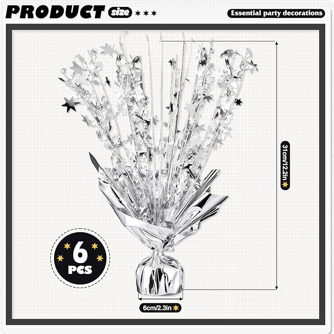 6 Pack Metallic Foil Spray Centerpiece Star Table Decoration Burst Table Centerpieces for Birthday Weddings Anniversaries Christmas New Year Holiday Party Supplies Decor (Silver)