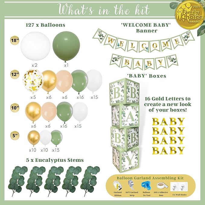 258 PC Sage Green Baby Shower Decorations, Gender Neutral Mint Balloons Garland and BABY Boxes, Welcome Baby Banner, Olive Green Baby Shower Decorations for Boy and Girl, Woodland Safari Jungle