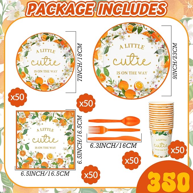 350 Pcs Little Cutie Baby Shower Decorations a Little Cutie Is on The Way Tableware Set, Plates Napkins Cups Dessert Forks Disposable Supplies for 50 Guests, Cute Orange Party Decoration