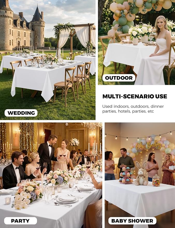 Decorelia White Reusable Waterproof Table Cloths for 8 Ft Rectangle Table-2 Pack, Washable Polyester Rustic Rectangular Table Cloth Cover for Wedding,Outdoor,Events, Party,Banquet, Dining, 60x120 Inch