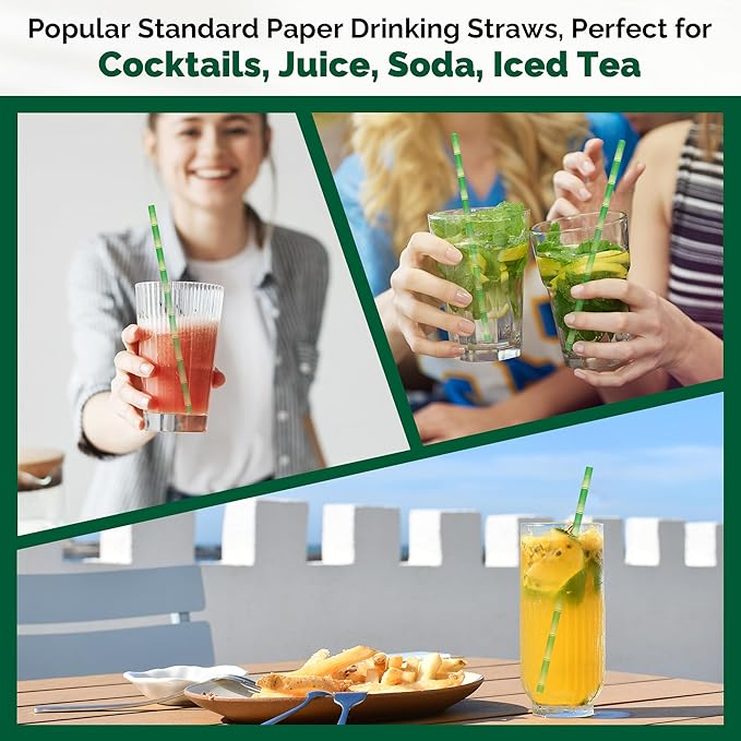 [1000 Count] Green Bamboo Paper Straws for Drinking, 7.75" x 0.24", 100% Biodegradable