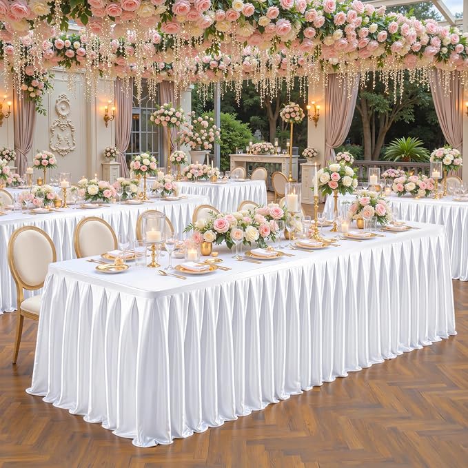 Wish Care 2 Pack Satin Table Cover Skirts for 6ft Rectangular Tables, White Shimmer Silk Tablecloth with Floor Length Ruffle for Wedding Banquet Party Buffet Decoration