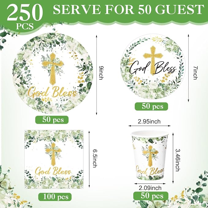 Pickmesh 250 Pcs God Bless Baptism Party Supplies Sage Green Disposable Paper Plates Napkins Cups Set for First Holy Communion Christening Baby Shower Religious Celebration Serves 50