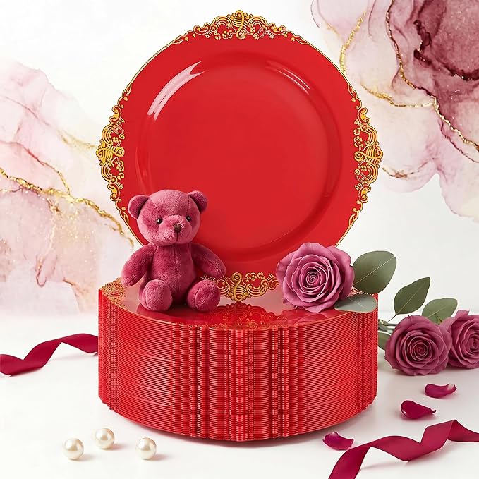 Nervure 100PCS Red and Gold Plastic Plates - 10.25inch Red Disposable Plates - Heavyweight Dinner Plate for Wedding & Party & Mothers Day
