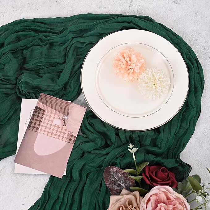 12 Pack Emerald Green Cheesecloth Table Runner 120 inch Fall Thanksgiving Boho Rustic Gauze Farmhouse 10FT Cheese Cloth Runner for Baby Shower Wedding Party Holiday Home Decor