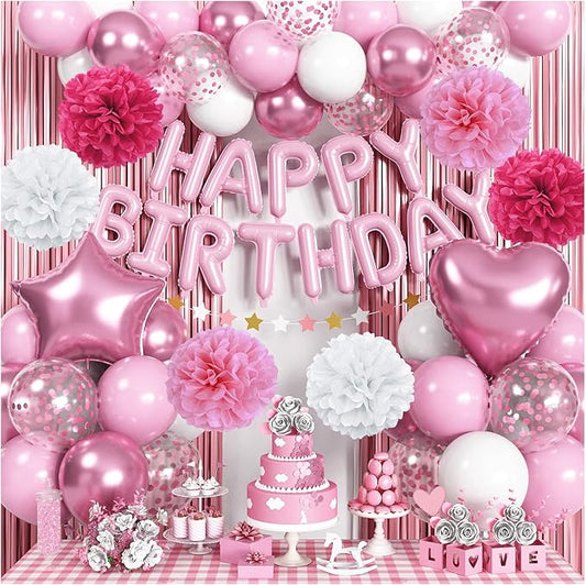 Pink Birthday Decorations for Girls, Pink White Party Balloons Happy Birthday Banner Balloon Star Heart Foil Balloon Fringe Curtain Paper Pompom for Women Bday Party Supplies