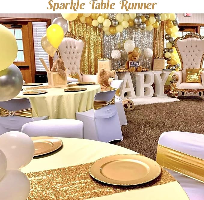 6 Pack Sequin Table Runner Sequin Table Cloths 12" x 108" Sparkle Table Runner for Baby Bridal Shower Wedding Birthday Party Table Decor (Champagne Gold)