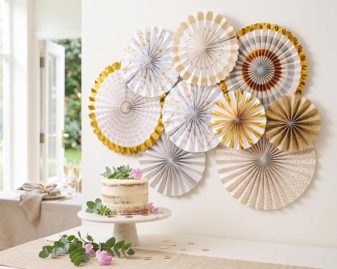 PapaKit 8-Piece Origami Paper Fan Set - Ivory & Marble & Gold Metallic - Reusable Hanging Pinwheel Wall Backdrop for Birthday, Wedding, Bridal Shower, Baby Shower, & Boho Party Decorations