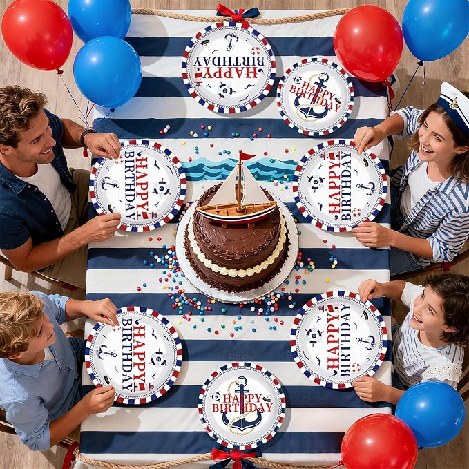 96 Pcs Nautical Birthday Party Decorations Sailing Party Decoration Plates and Napkins Red White and Blue Tableware Set for Boy Happy Birthday Baby Shower Nautical Theme Celebrations Serves 24