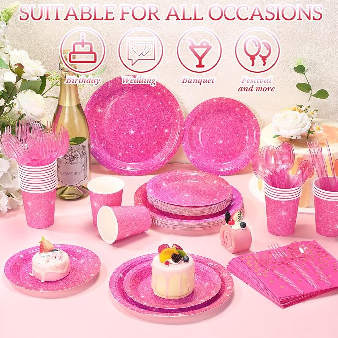 Hushee 175 Pcs 25 Guests Hot Pink Paper Party Plates and Cups Napkins Sets Holographic Glitter Disposable Dinnerware Plastic Forks Knives Spoons Birthday Bachelorette Wedding Party Supplies