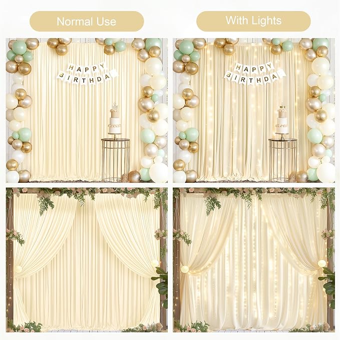 20x10FT Light Champagne Backdrop Curtains with Lights for Parties,Wrinkle Free Wedding Photo Backdrop Curtains for Baby Shower Birthday Ceremony Reception Home Party Decorations-5ft x 10ft,4 Panels