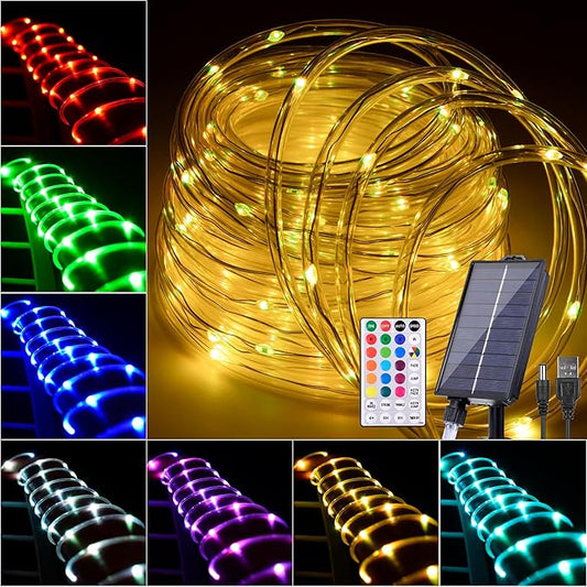 Nazuwke 49FT Solar Rope Lights Outdoor Waterproof, 18 Colors Changing 150 LEDs Fairy String Lights USB & Solar Powered with Remote, Multicolor Tube Light for Outside Trampoline Yard Christmas Decor