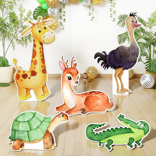 Capoda 5 Pcs Large Jungle Safari Animal Cardboard Cutouts 16.5 to 26.4 inch Safari Birthday Party Decoration Crocodile Elk Turtle Ostrich Giraffe Cutout Standup for Zoo Lawn Yard Decor Photo Prop