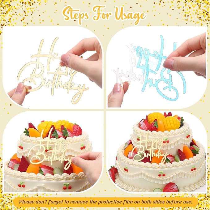 Barydat 50 Pcs Happy Birthday Cake Toppers Bulk Mirror Acrylic Cupcake Topper Cupcake Decorations Happy Birthday Sign for Cake Side Inserts Decor Party Supplies 10 Style (Mixed Colors)