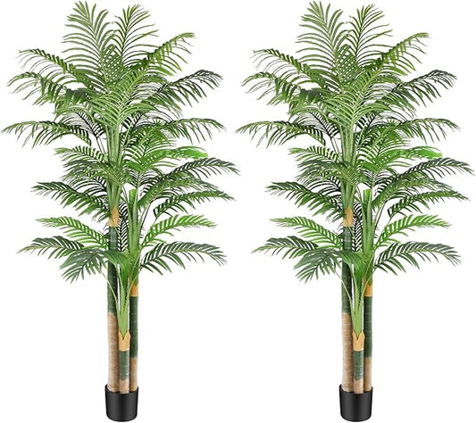 7ft Tall Triple Golden Cane Palm Artificial Tree Large Tropical Palm Tree UV Resistant Fake Plant in Pot for Indoor Outdoor Big House Living Room Outside Patio Office Home Decor 2Pack
