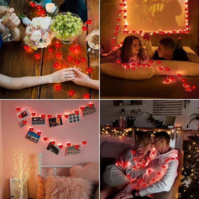 10FT Red Heart Fairy Lights Battery Operated with Timer for Mothers Day Decoration, LED String Lights Indoor Outdoor Waterproof Twinkle Lights for Christmas Proposal Anniversary Valentines Party Decor