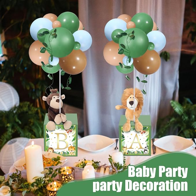 Lenwen 3 Sets Jungle Animal Decoration for Baby Shower Letter Boxes Baby Shower Table Centerpiece Stuffed Animals Balloon with Stand Plush Boxes for Party(Cute,Lion, Monkey)