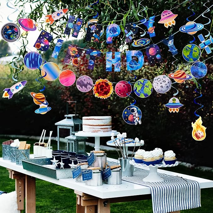 SUNBEAUTY Solar System Birthday Party Decorations Outer Space Happy Birthday Banner Planet Rocket Astronaut Hanging Swirls for Kids Boy Baby Shower First Trip Around The Sun School Supplies