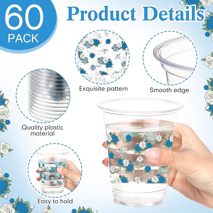 Funnymoom 60 Pack Blue Floral Plastic Cup 12 oz Wedding Flower Disposable Clear Plastic Blue White Flower Drinking Cups for Wedding Bridal Baby Shower Birthday Tea Party Decoration Supplies
