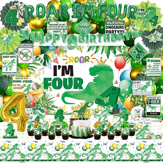 Roar Im 4 Dinosaur Party Decorations, 134Pcs 4th Dinosaur Dino Birthday Party Decor Supplies for Boys - Backdrop, Tablecloth, Centerpieces, Temporary Tattoos, Fans Pompoms, Wall Signs