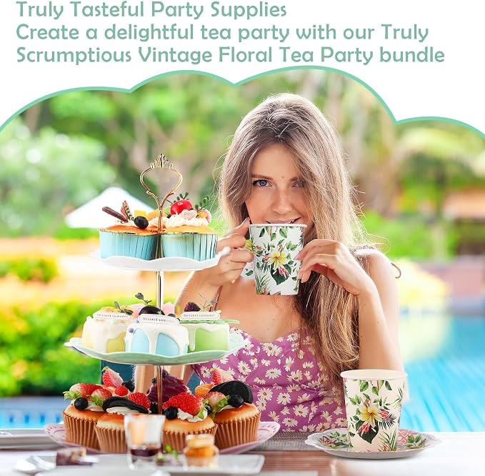 Layhit 83 Pcs Disposable Tea Party Set with 3 Tier Cake Stand Vintage Floral Paper Cups Plates Napkins Cutlery for Women Girls Birthday Baby Shower Bridal Shower Tea(Classic)