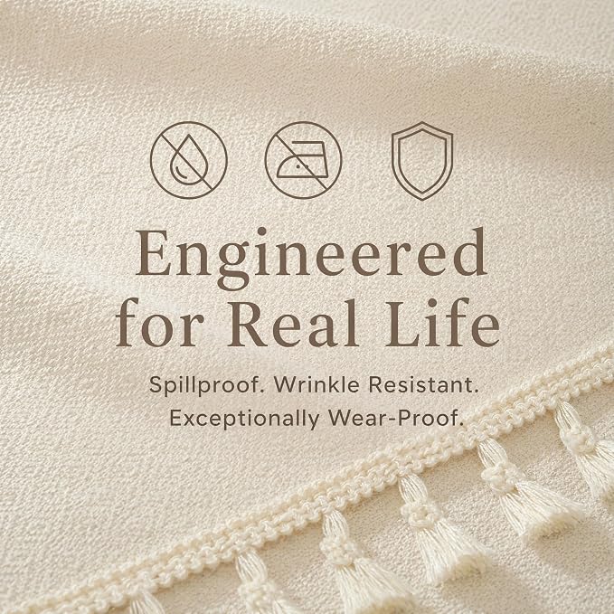 Beige Linen Tablecloth for Rectangle Tables 55x86 Inch | Waterproof Heavyweight Farmhouse Table Cloth with Tassel, Wrinkle Free Cover for Dining Party