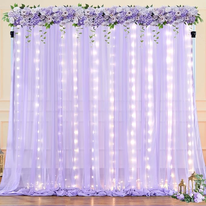 20ft x 10ft Lavender Chiffon Backdrop Curtain with Lights String for Parties,4 Panels Sheer Tulle Curtain Wedding Backdrop for Baby Shower Birthday Party Ceremony Reception Home Decorations