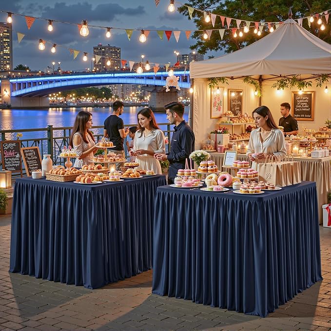 Navy Blue Square Tableloths 34x34 Inch 2 Packs, Stretch Fitted Square Table Cloth Washable Fabric Card Table Cover with Pleated Ruffle Skirt for Dining,Kitchen,Buffet Parties,Trade Show,Vendor Stand