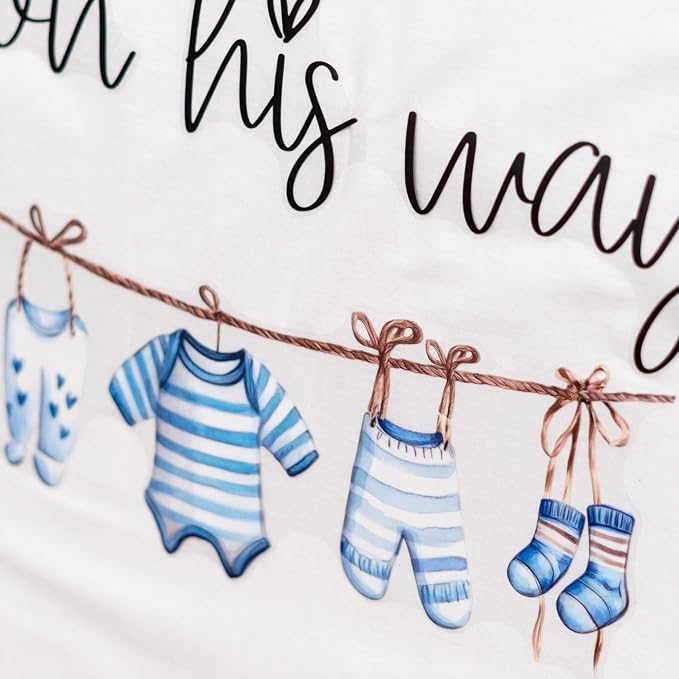 A Sweet Baby Boy is On His Way Decal - Baby Boy Gender Reveal Wall Decal, Nursery Shower Party Decoration, Blue Clothesline Design (Blue)