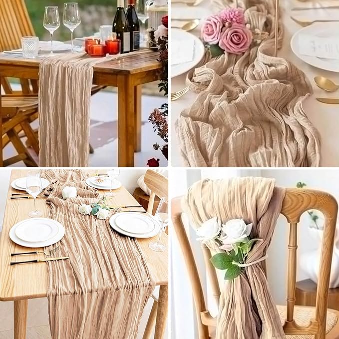 8 Pack Nude Cheesecloth Table Runner 21x120 Inch Gauze Tan Table Runners Reusable Polyester 10ft Boho Rustic Cheese Cloth Table Runner for Wedding Party Baby Shower