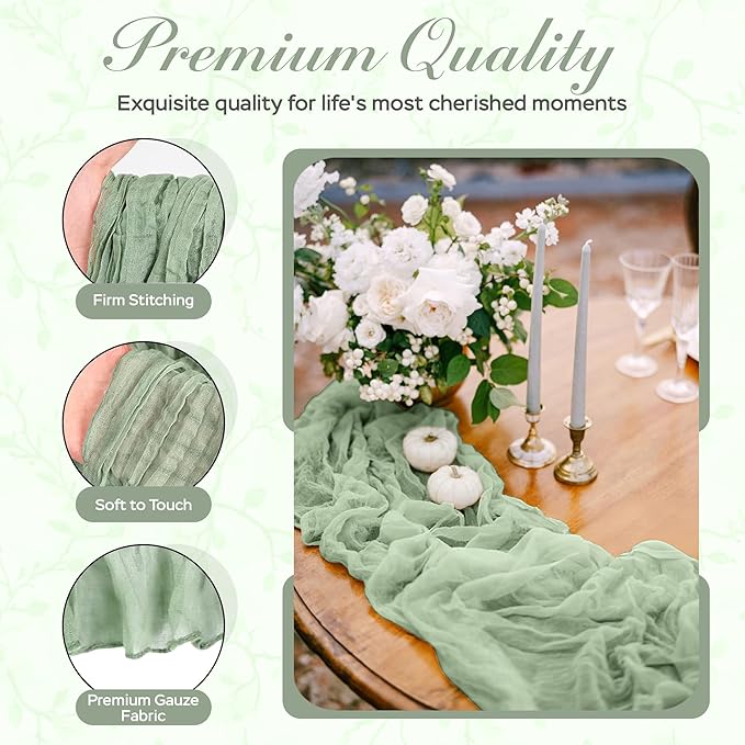 Cheesecloth Table Runner 8 Pack – 35x120 Inch (10ft) Boho Rustic Gauze Cloth Runners – Crinkle Polyester Table Decor for Wedding, Baby Shower, Bridal Shower, Birthday Party and More (Sage Green)