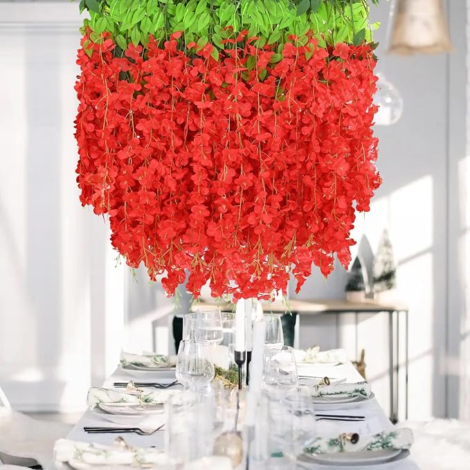 24Pcs Artificial Wisteria Hanging Flowers, 3.6Ft/Pcs Red Fake Wisteria Garland for Wedding Party Home Garden Indoor Outdoor Decoration