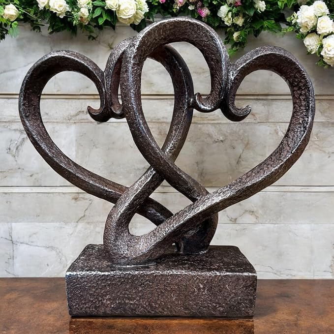 Top Brass Entwined Hearts Tabletop Decor, Two Hearts Love Unity Sculpture – Cast Iron Finish Resin Statue, Romantic Gift for Couples, Wedding & Anniversary, 11 Inches Tall