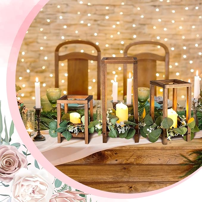 Geelin 12 Set Wooden Wedding Lantern Centerpiece Decor Baptism Lantern Candle Holder for Table Centerpiece Wedding Party Baby Shower Home Country Porch Patio Decor(7.87'', 10.59'', 12.99'',Wood Color)