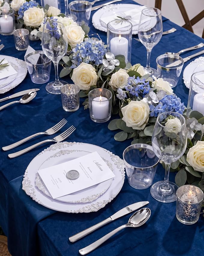 Nervure 600PCS Silver Plastic Dinnerware - White and Silver Disposable Plates for 100 Guests - 200 Disposable Plates, 300 Plastic Silverware and100 Cups for Wedding & Party