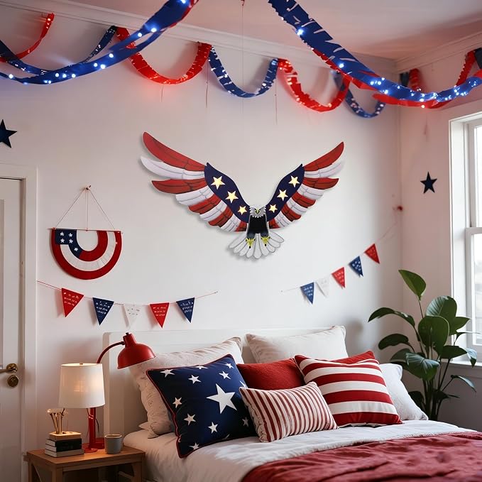 Adroiteet Lighted American Eagle 4th of July 250th Decorations Outdoor with Timer LED Lights Patriotic Metal Wall Art for Golf Cart Indoor Front Door American Flag Eagle Decor, 23.6" x 15.7"