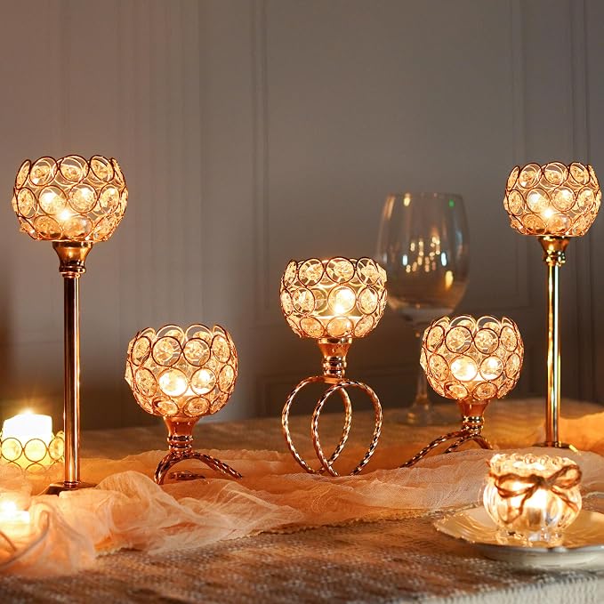 Gold Set of 6 Metal Crystal Tea Light Candle Holder, Elegant Wedding Table Centerpiece Candle Holder, Christmas Wishing Crystal Bowl Candle Holder Suitable for Wedding Party Living Room Decoration