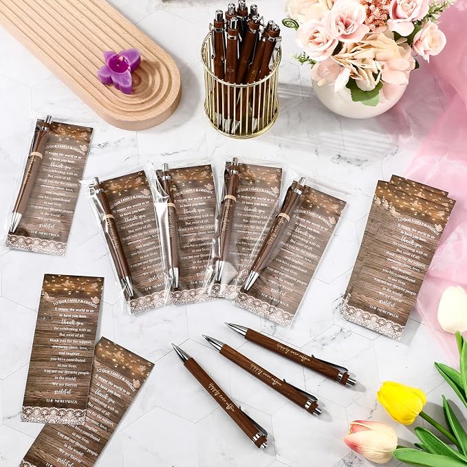 Cholemy 36 Sets Wedding Favors for Guests Happily Ever After Bamboo Ballpoint Pens with Thank You Cards Organza Bag Bulk Thank You Gifts for Rustic Bridal Shower Wedding Party