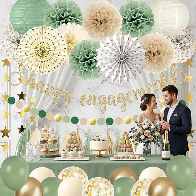 Engagement Party Decorations Boho Sage Green and Gold - 46 Pcs Pre-strung Happy Engagement Banner, Paper Lanterns, Fans, Pom Poms, Tassels, Garland, Balloons, Just Engaged Decorations Kit