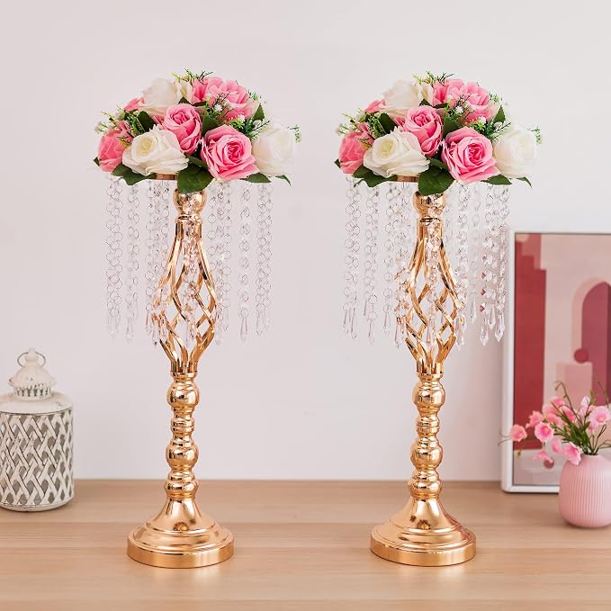 Gold Vases Centerpieces for Table: 19.3" Tall Flower Stand with Crystal Patent for Wedding Center Piece Party Event Set of 2