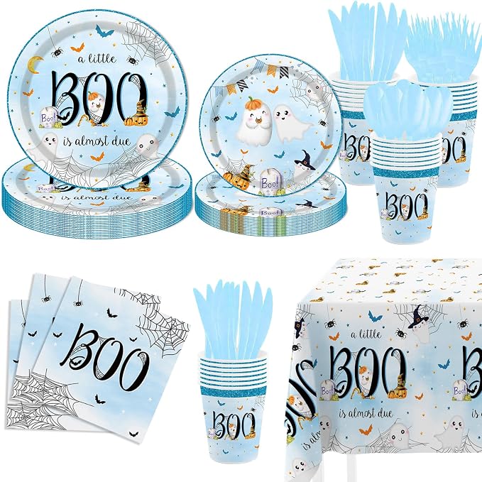 MEHOFOND Halloween Little Boo Baby Shower Decorations for Boy, A Little Boo is Almost Due Party Supplies Blue Disposable Tableware Set 169Pcs Plates Napkins Plastic Tablecloth for Baby Shower Party