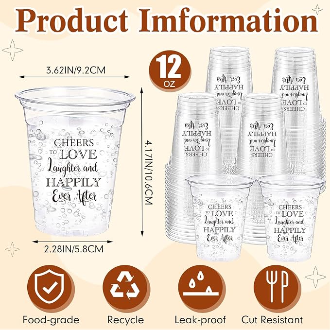Jingmore 100 Pcs Wedding Plastic Cups 12 oz Cheers to Love Laughter Happily Ever After Disposable Clear Drinking Cups Bulk for Wedding Reception Bridal Shower Engagement Party Decorations Supplies