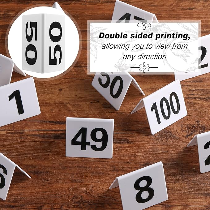 Tuanse 100 Pcs Acrylic Table Numbers 1-100 Double Sided Minimalist Restaurant Wedding Table Tent Cards for Party Event Banquets Wedding Reception, 2.5 x 2 x 1.6 Inch(Black Number)