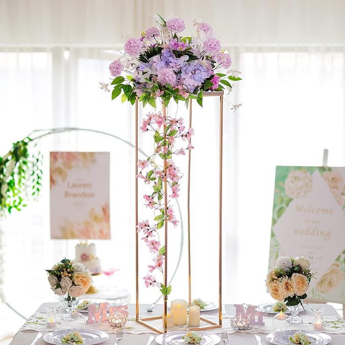 Gold Tall Stand for Wedding: 39.4in, With Metal Panel, Packs of 2 | Columnar Cube Shape, Easy to Assembly, Flowers Cakes Drinks Display Table Centerpieces for Wedding Party Event