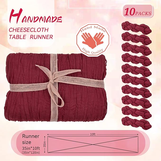 10 Packs Burgundy Cheesecloth Table Runner,10Ft x 35" Wine Red Rustic Gauze Boho Wedding Table Runner Decoration, Wedding Table Decor Table Cloth for Wedding Party Bridal Shower Table