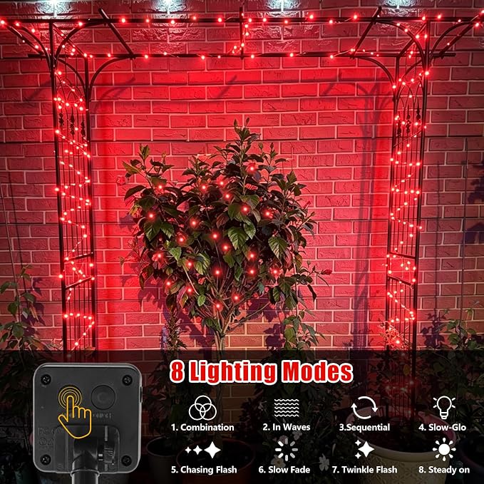 YEGUO 4 Pack Halloween Solar Fairy Lights, Each 33ft 100 LED Red Christmas Lights Outdoor Waterproof, 8 Modes Sliver Wire Solar String Lights