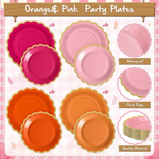 Mimorou 169 Pcs Pink and Orange Plates and Napkins Party Supplies for Guests Hot Pink Orange Tableware Include Scalloped Plates Paper Napkin Cup Spoon Fork Knife for Baby Shower, Wedding, Birthday